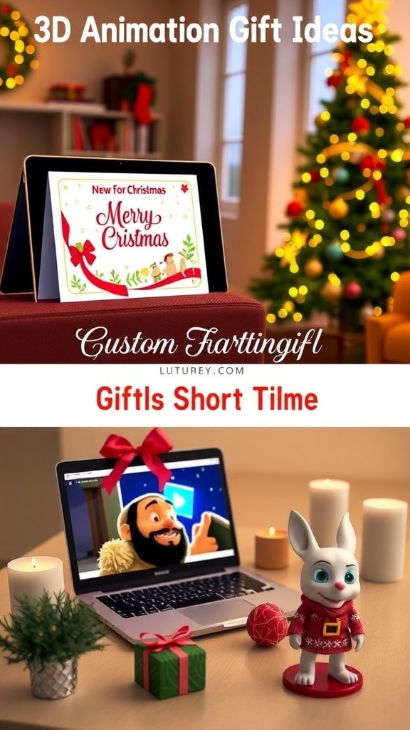 A display of creative 3D animation gifts for Christmas, including animated cards, short films, and figurines.